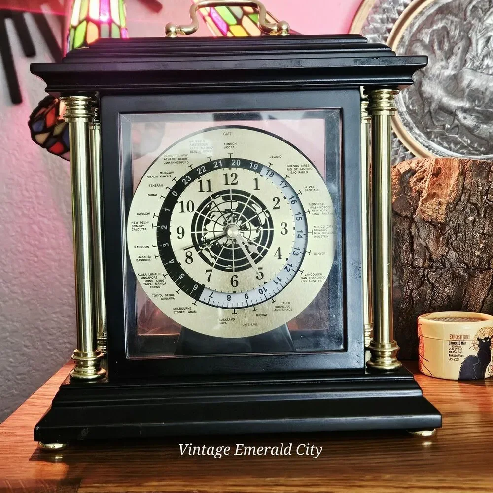 Bombay Analog Desk Clock Black Gold Arabic Numerals Wood Glass Battery Operated